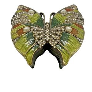 Jeweled Enamel Butterfly Trinket Box Rhinestone Hinged Metal Pill Box